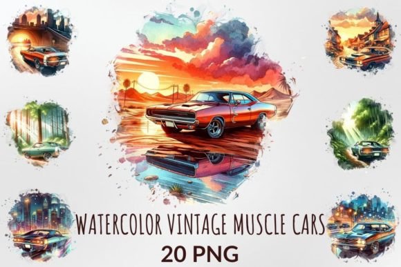 Download Watercolor Vintage Muscle Cars Clipart - Cars Collection